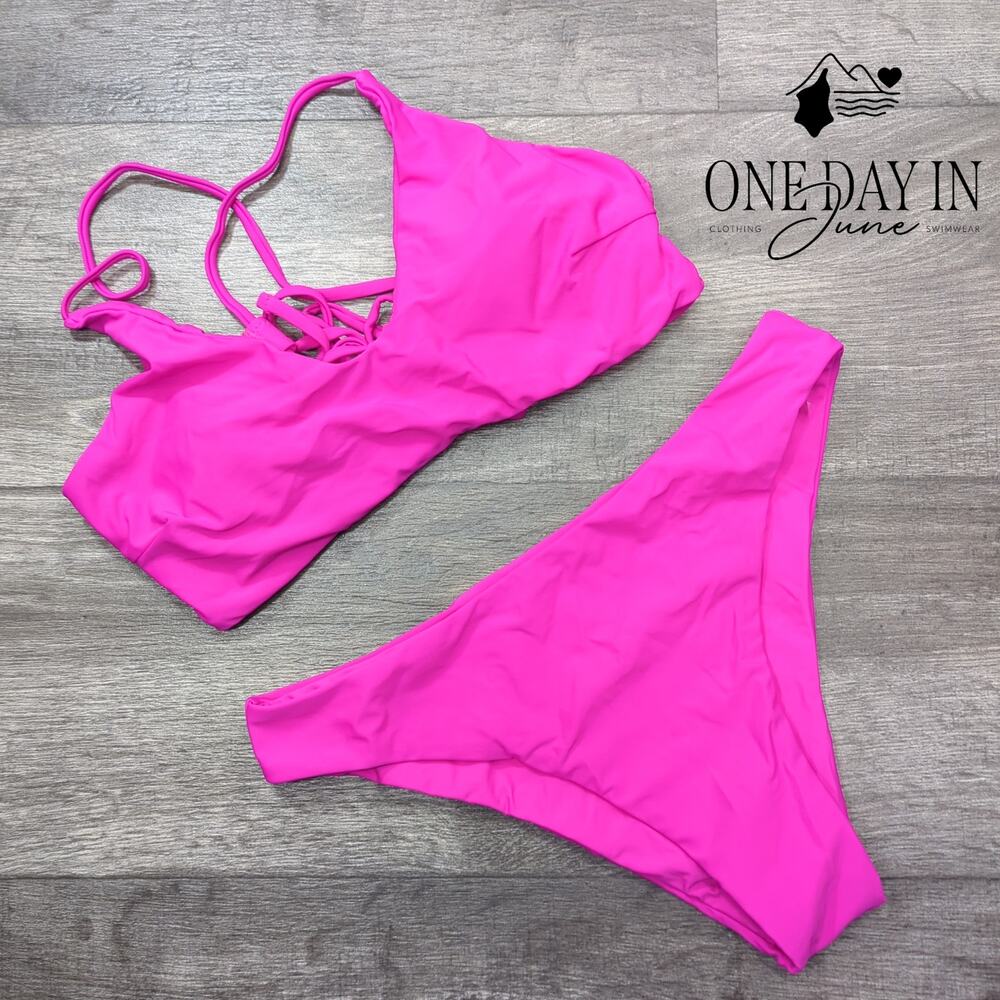 Zaful Lace Up Back Bikini Swimsuit Hot Pink Fuchsia Two Piece Size M